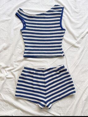 SHEIN Blue and White Striped Crochet Tank Top & Shorts Set
